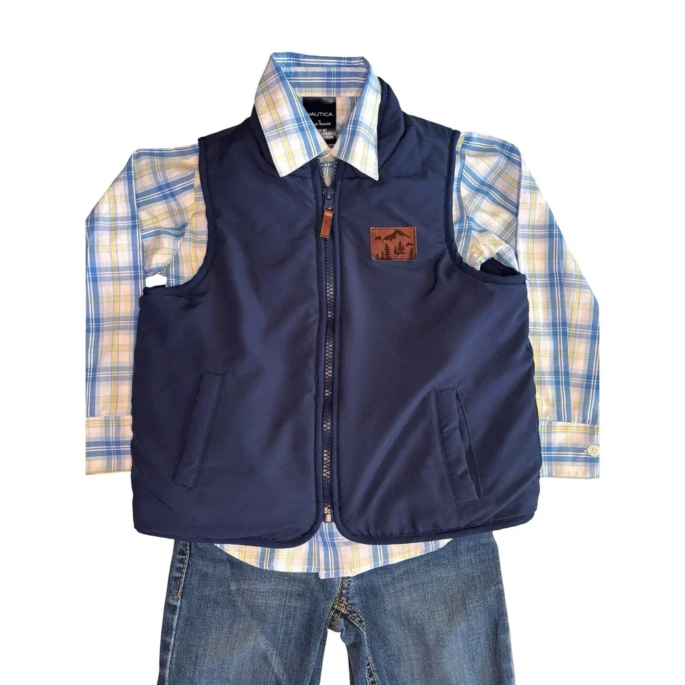Nautica Levi's Boys 3 Piece Vest Plaid Shirt Jeans Set Size 5 Blue Excellent